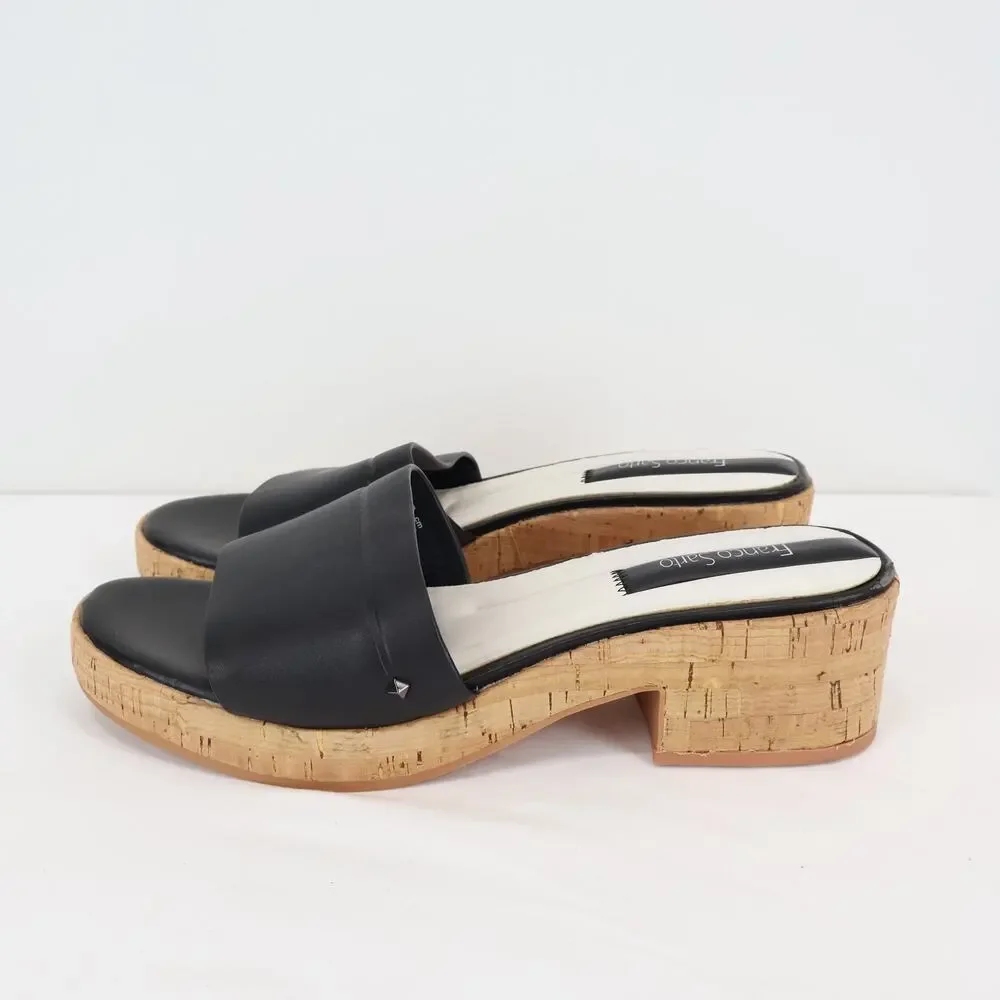 Franco Sarto Women's Pony Leather Open Toe Sandal Heel Black Cork Size US 8.5